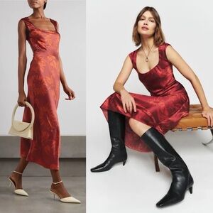 REFORMATION- Hendrix Floral Print Silk Aatin Midi Dress In Helios Red Size L